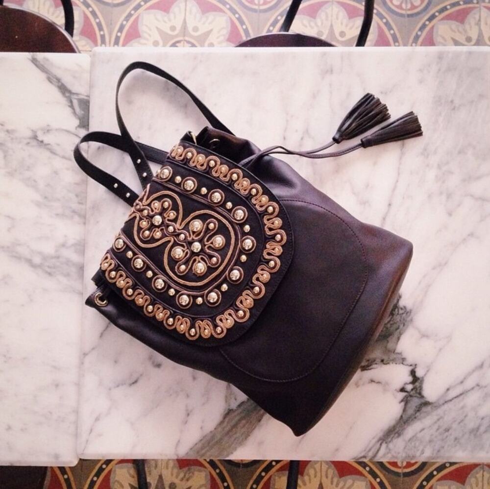 Ipa Nima Brown Leather Backpack Boho Studded Embroidered Tassel Bag